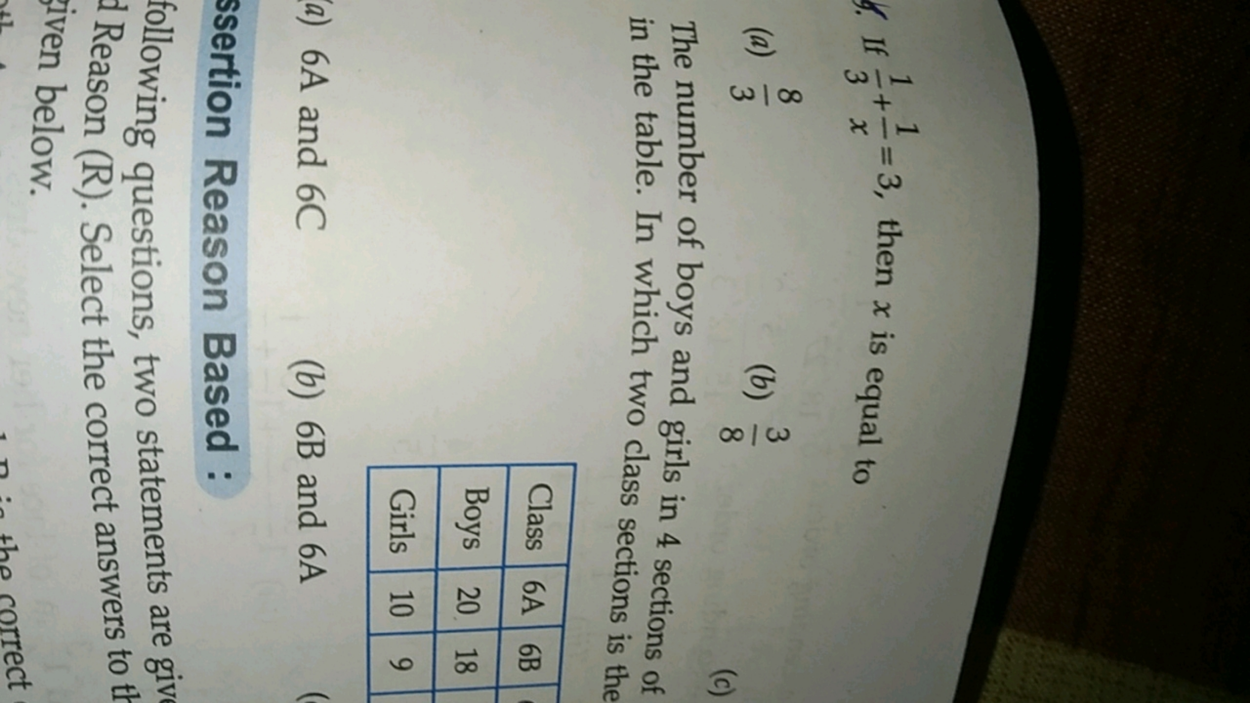 4. If 31​+x1​=3, then x is equal to
(a) 38​
(b) 83​

The number of boy