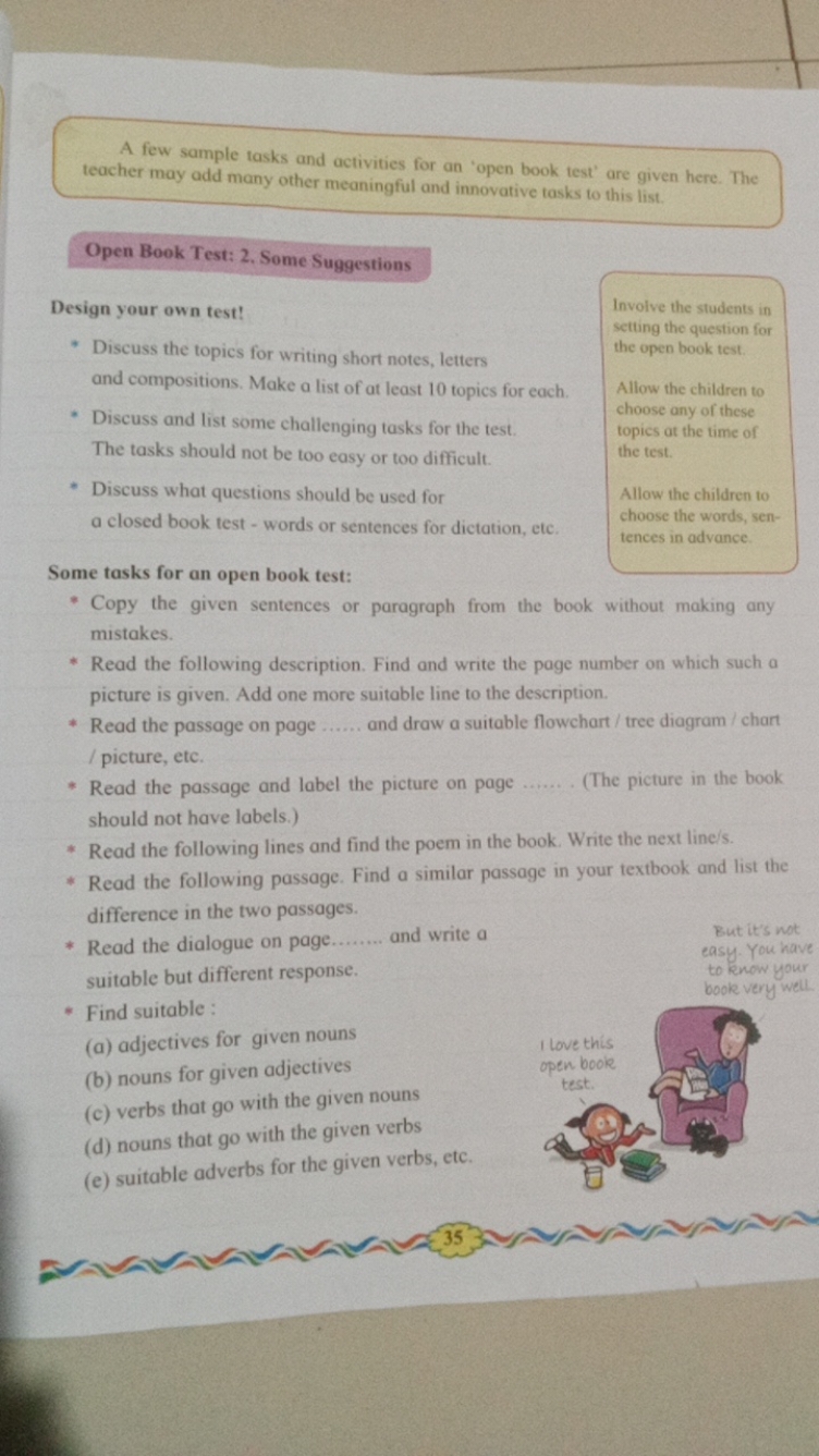 A few sample tasks and activities for an 'open book test' are given he