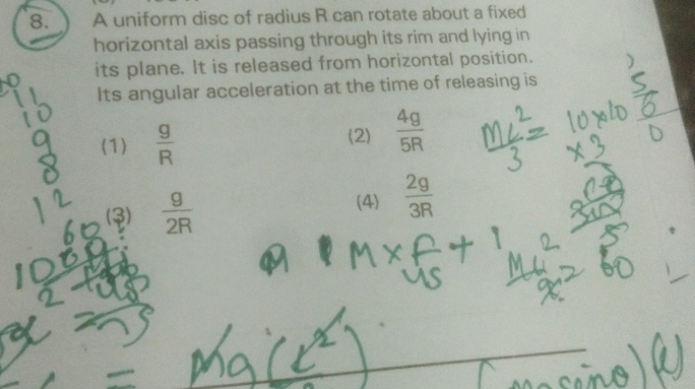 8. A uniform disc of radius R can rotate about a fixed horizontal axis