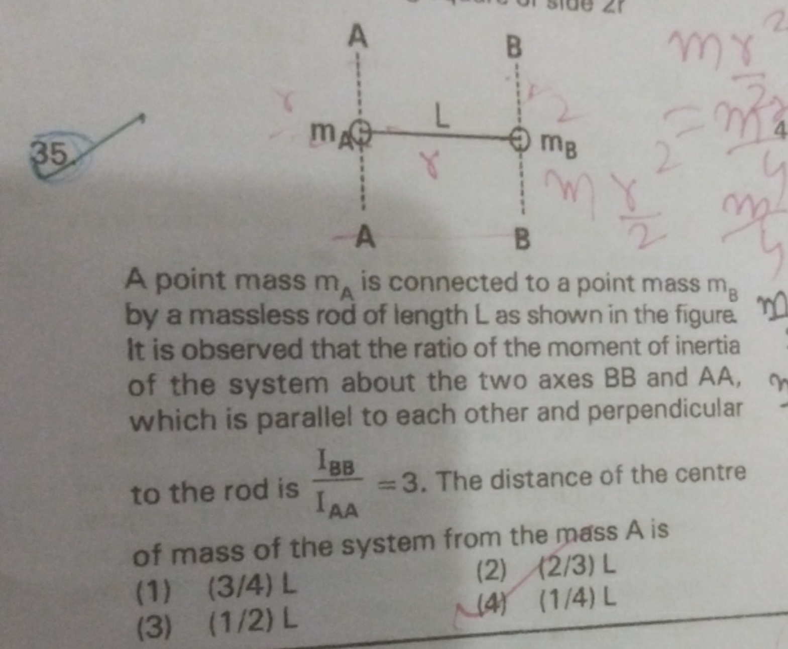 A point mass mA​ is connected to a point mass mB​ by a massless rod of