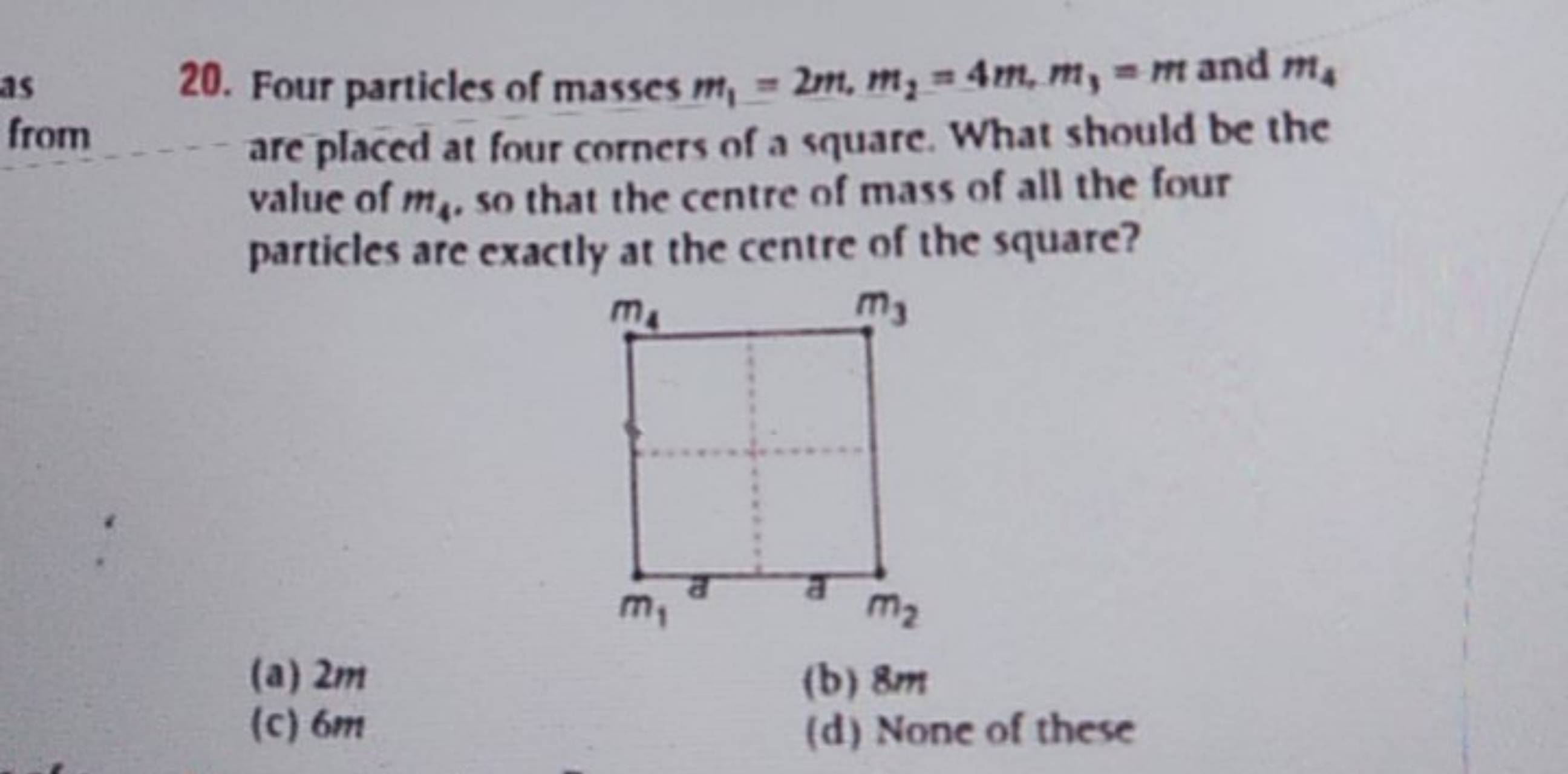 20. Four particles of masses m1​=2m1​m2​=4m2​,m3​=m and m4​ are placed