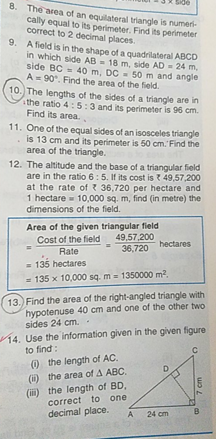 8. The area of an equilateral triangle is numerically equal to its per