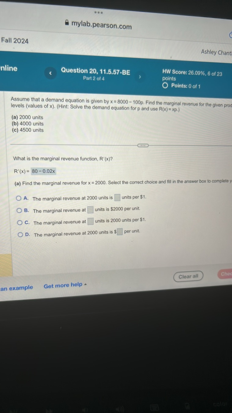 mylab.pearson.com
Fall 2024
Ashley Chant
nline
Question 20, 11.5.57-BE