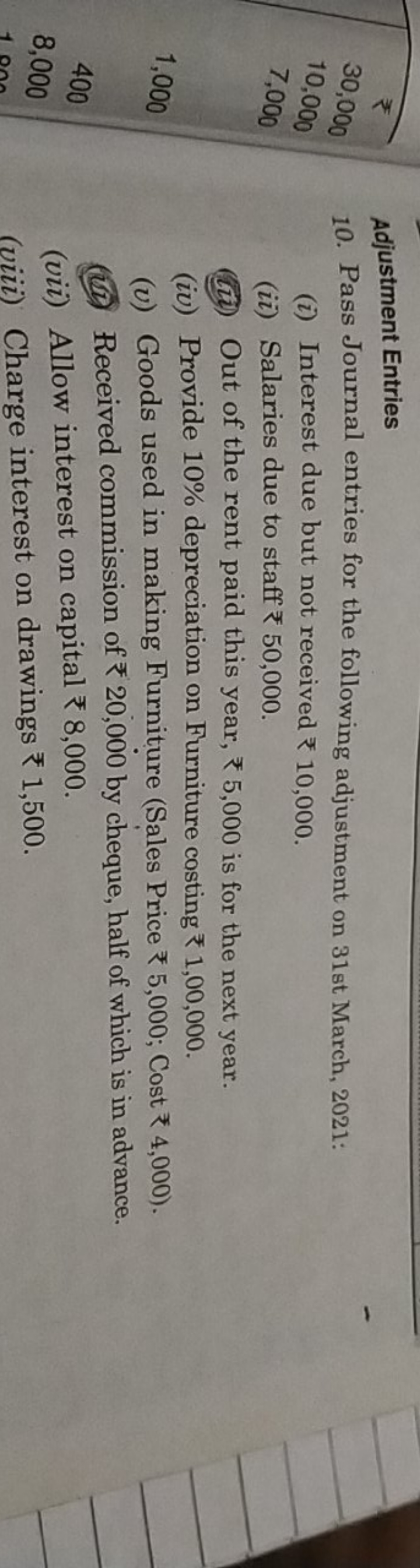 Adjustment Entries
10. Pass Journal entries for the following adjustme