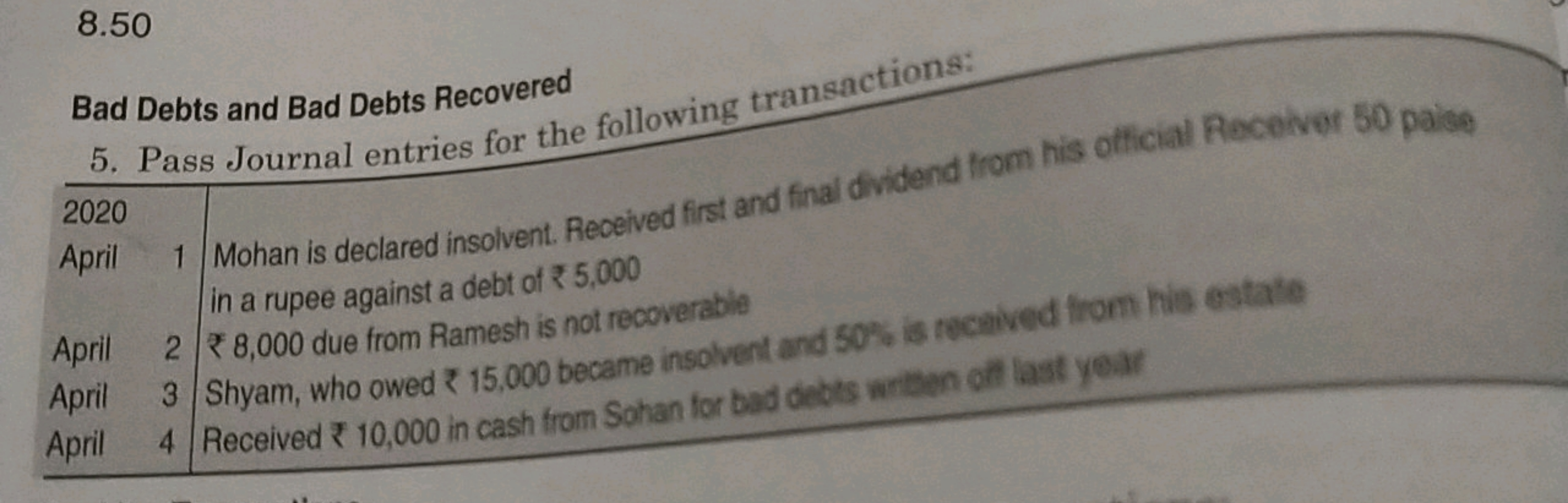 8.50
Bad Debts and Bad Debts Recovered
5. Pass Journal entries for the