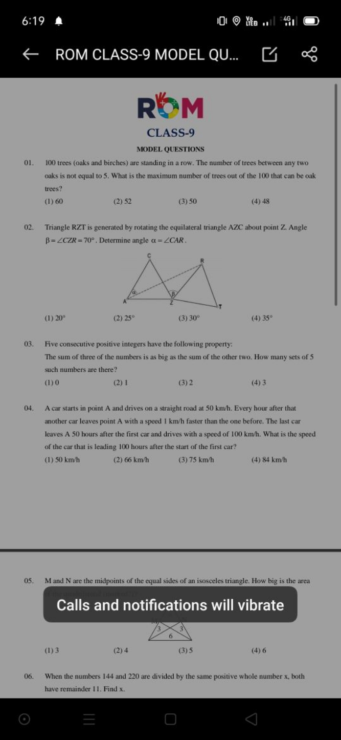 6:19
Yo
4G
D
← ROM CLASS-9 MODEL QU...

R M
CLASS-9
MODEL QUESTIONS
01
