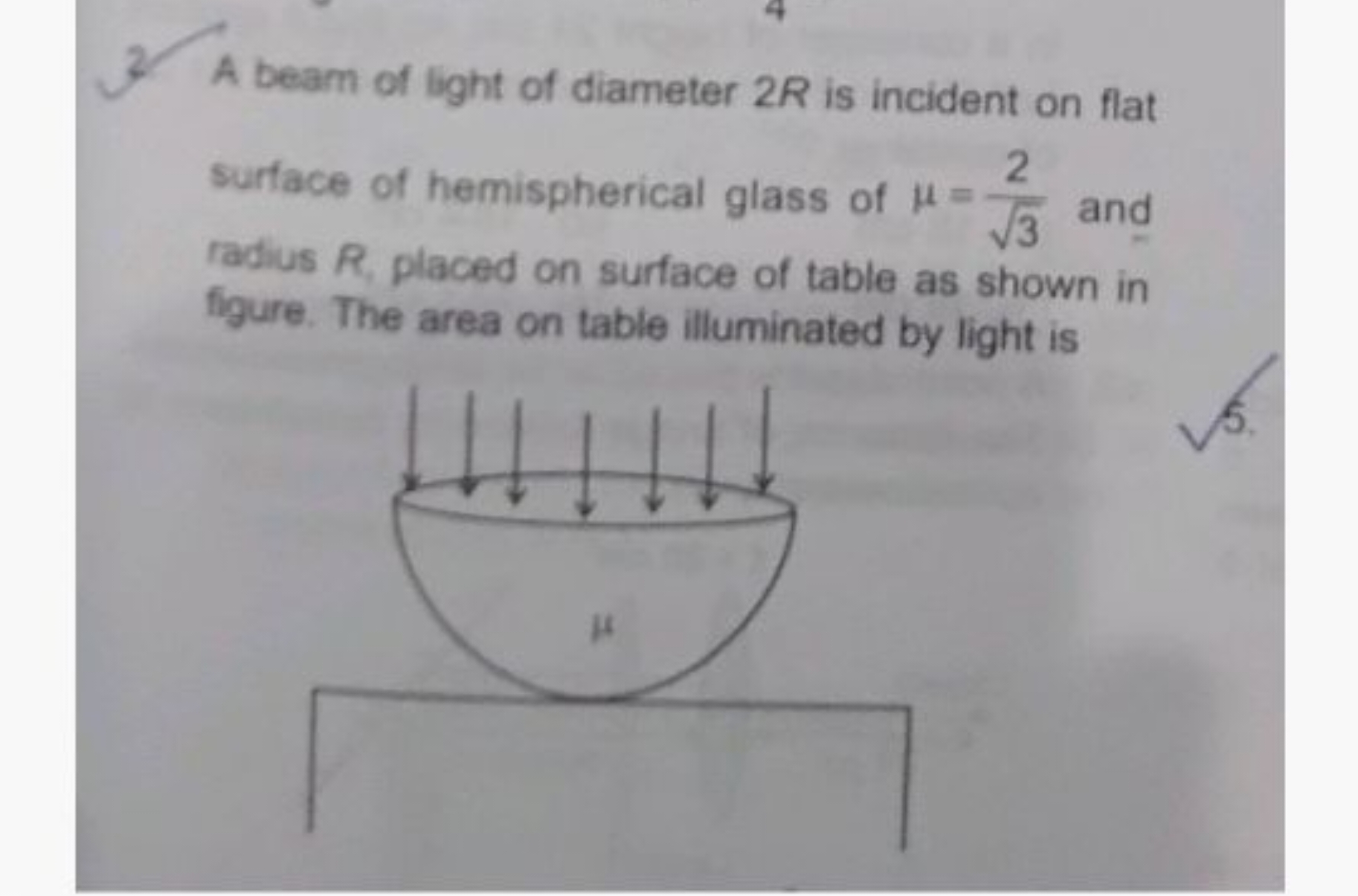 2. A beam of light of diameter 2R is incident on flat surface of hemis