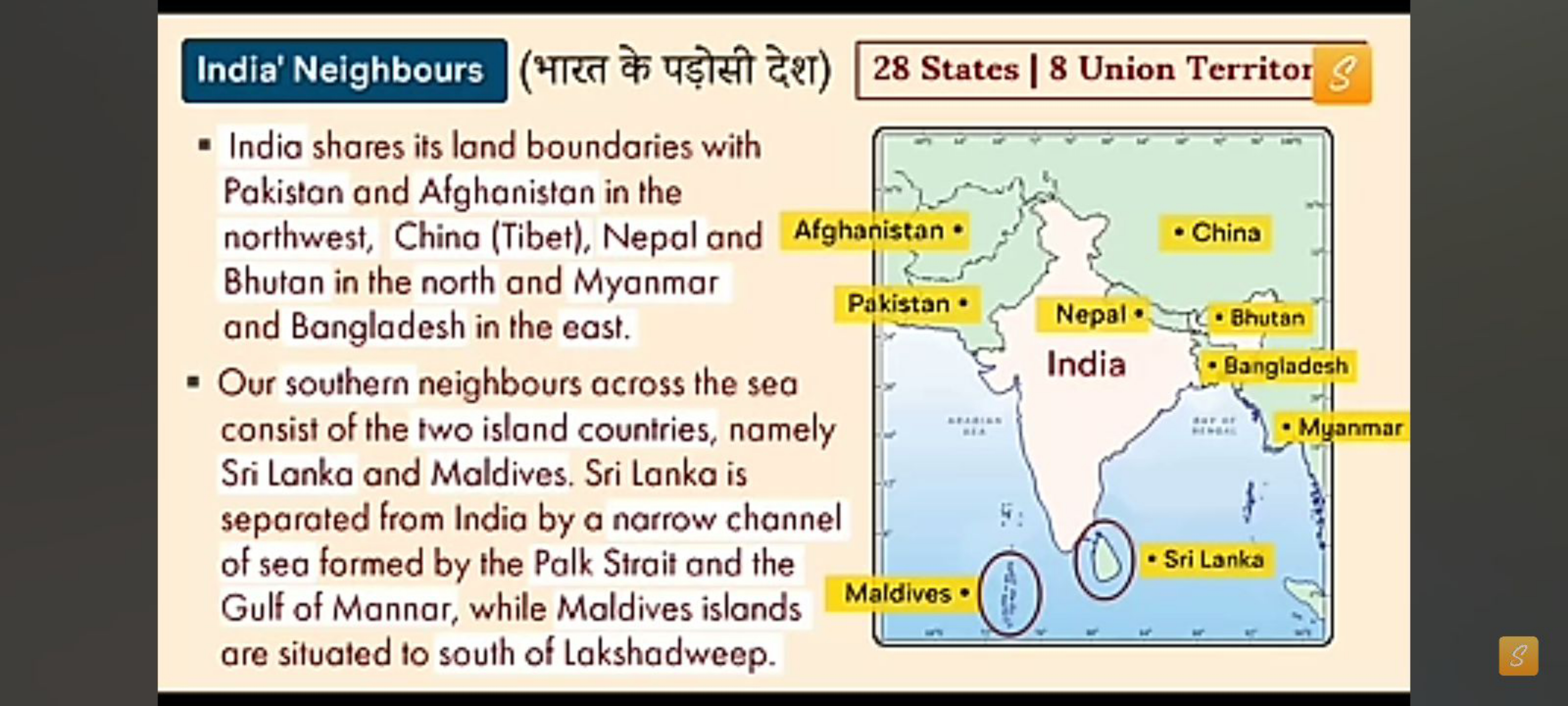 India' Neighbours (भारत के पड़ोसी देश)
28 States | 8 Union Territor
- 