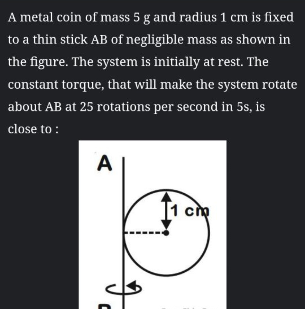 A metal coin of mass 5 g and radius 1 cm is fixed to a thin stick AB o