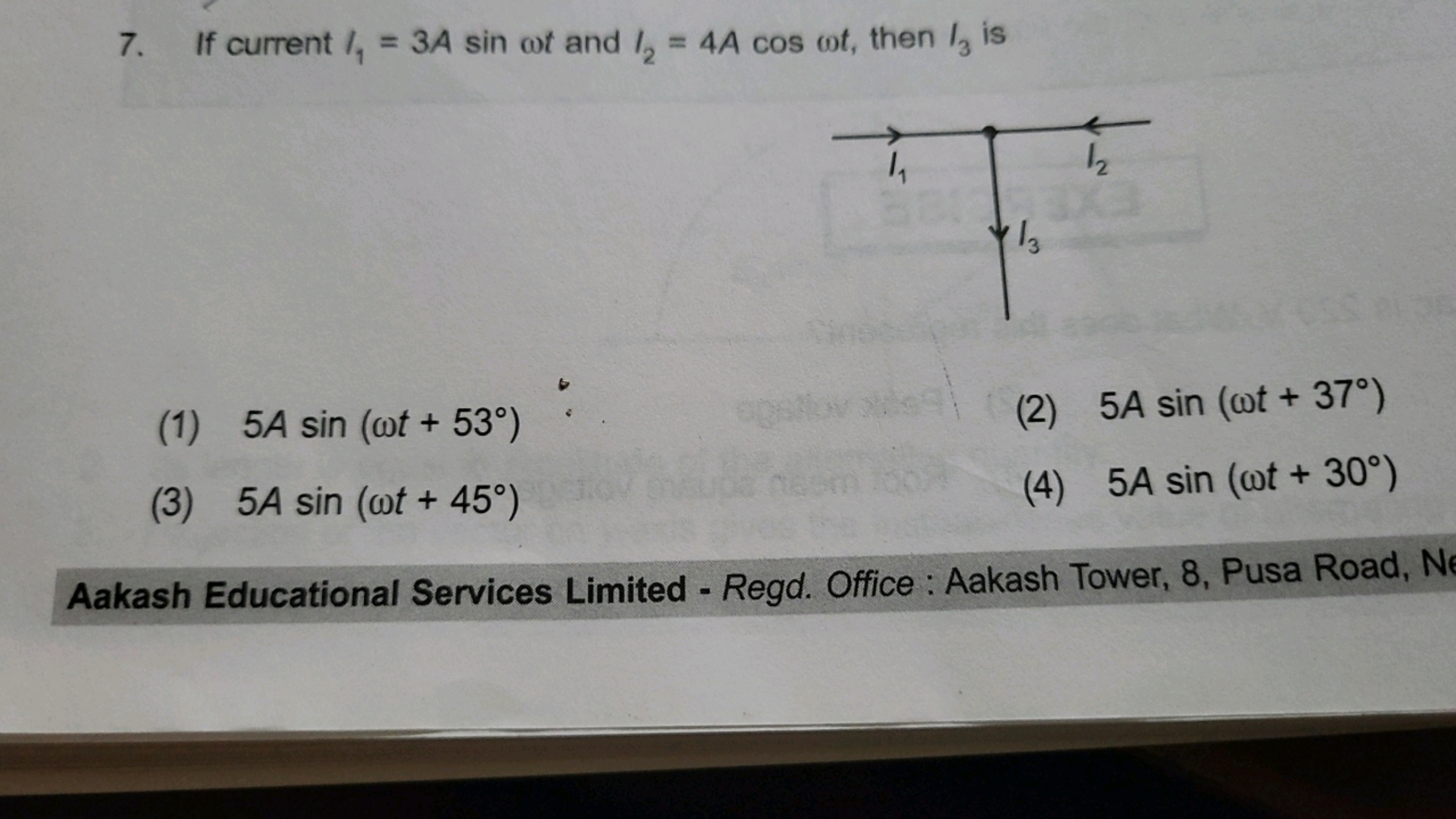 7. If current I1​=3 Asinωt and I2​=4 Acosωt, then I3​ is
(1) 5Asin(ωt+