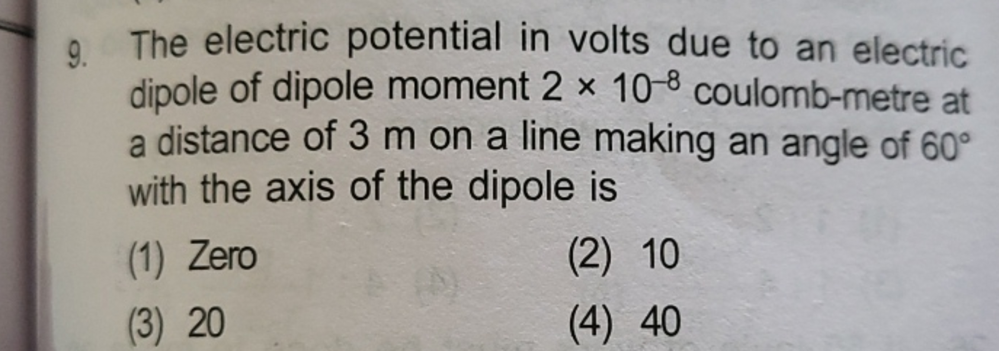 9. The electric potential in volts due to an electric dipole of dipole