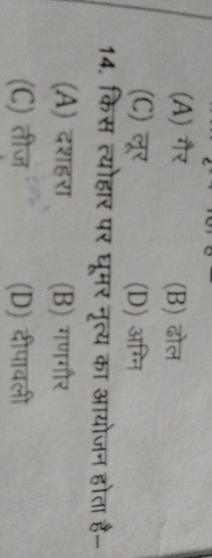 (A) गैर
(B) ढोल
(C) लूर
(D) अग्नि
14. किस त्योहार पर घूमर नृत्य का आयो