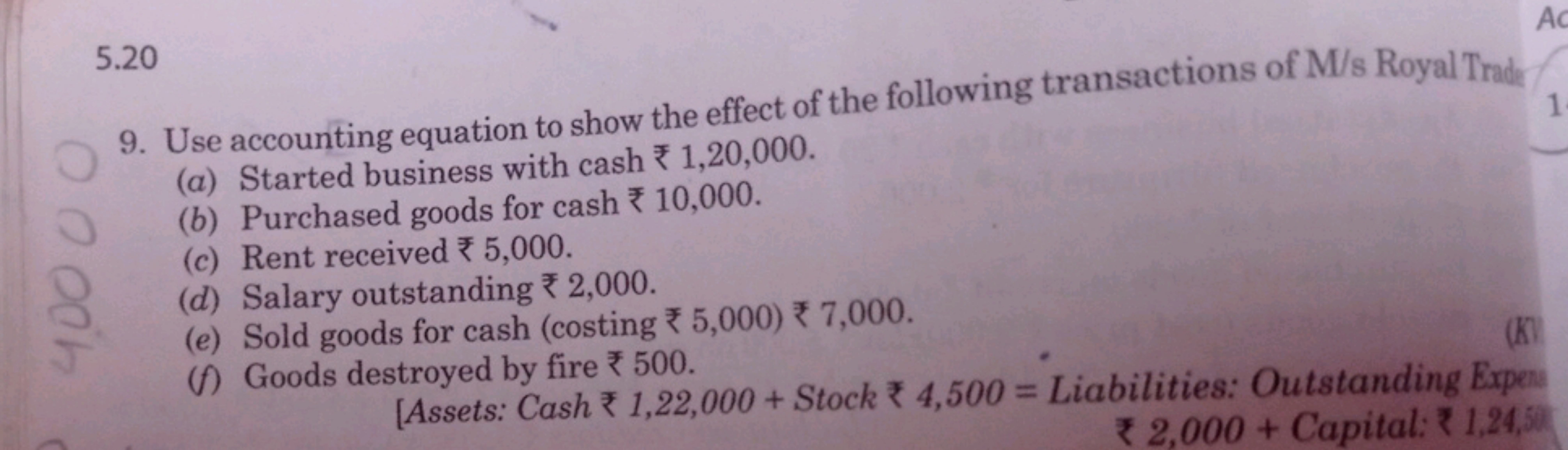 5.20
9. Use accounting equation to show the effect of the following tr