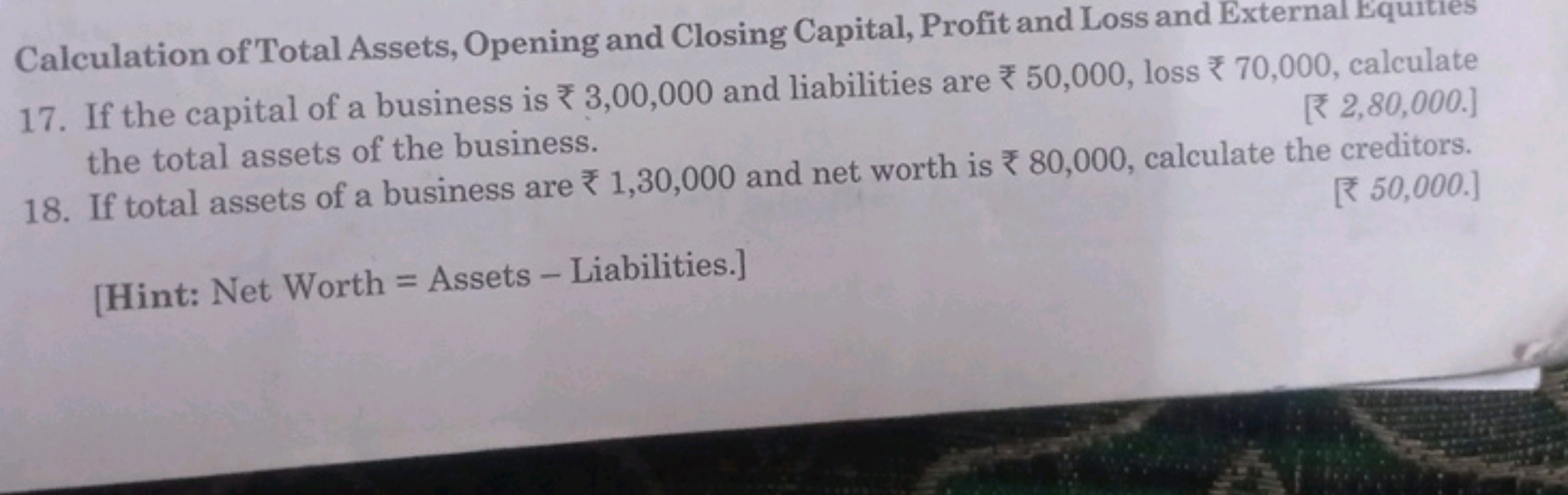 Calculation of Total Assets, Opening and Closing Capital, Profit and L