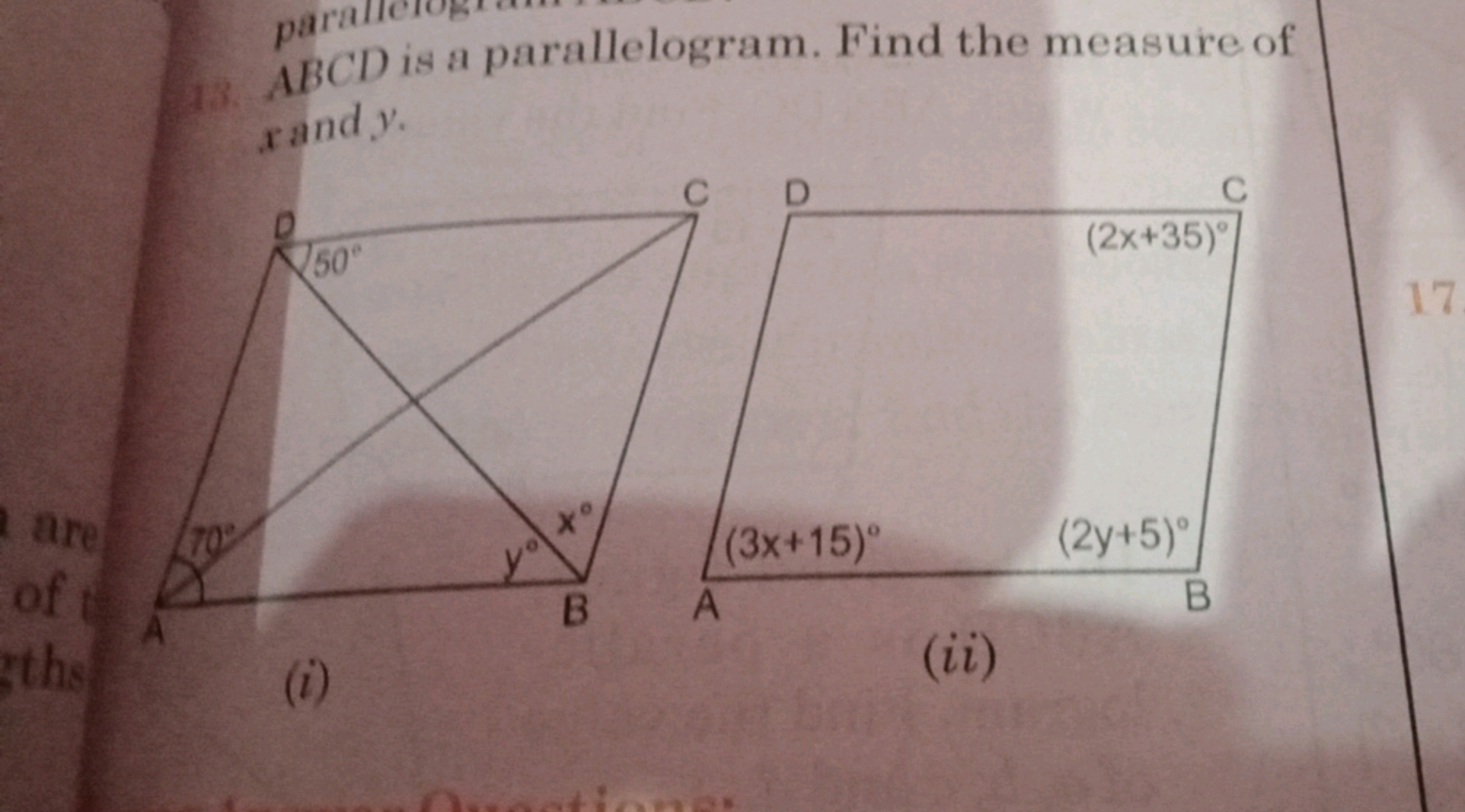 (43. ABCD is a parallelogram. Find the measure of x and y.
(i) c
D
(3x