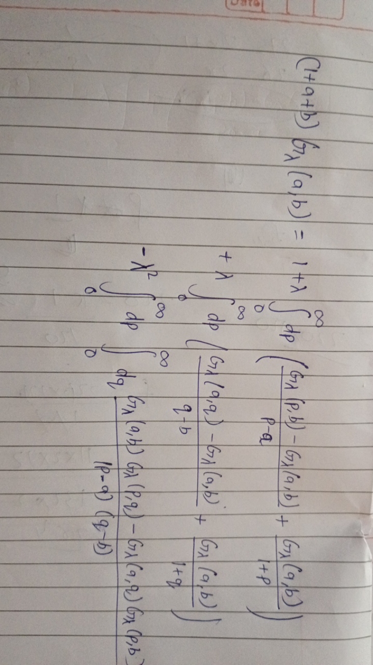 (1+a+b)Gλ​(a,b)=1+λ∫0∞​dp(p−aGλ​(p,b)−Gλ​(a,b)​+1+pGλ​(a,b)​)+λ∫0∞​dp(