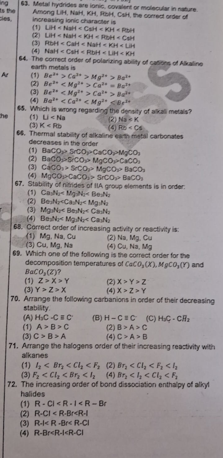 63. Metal hydrides are ionic, covalent or molecular in nature. Among L