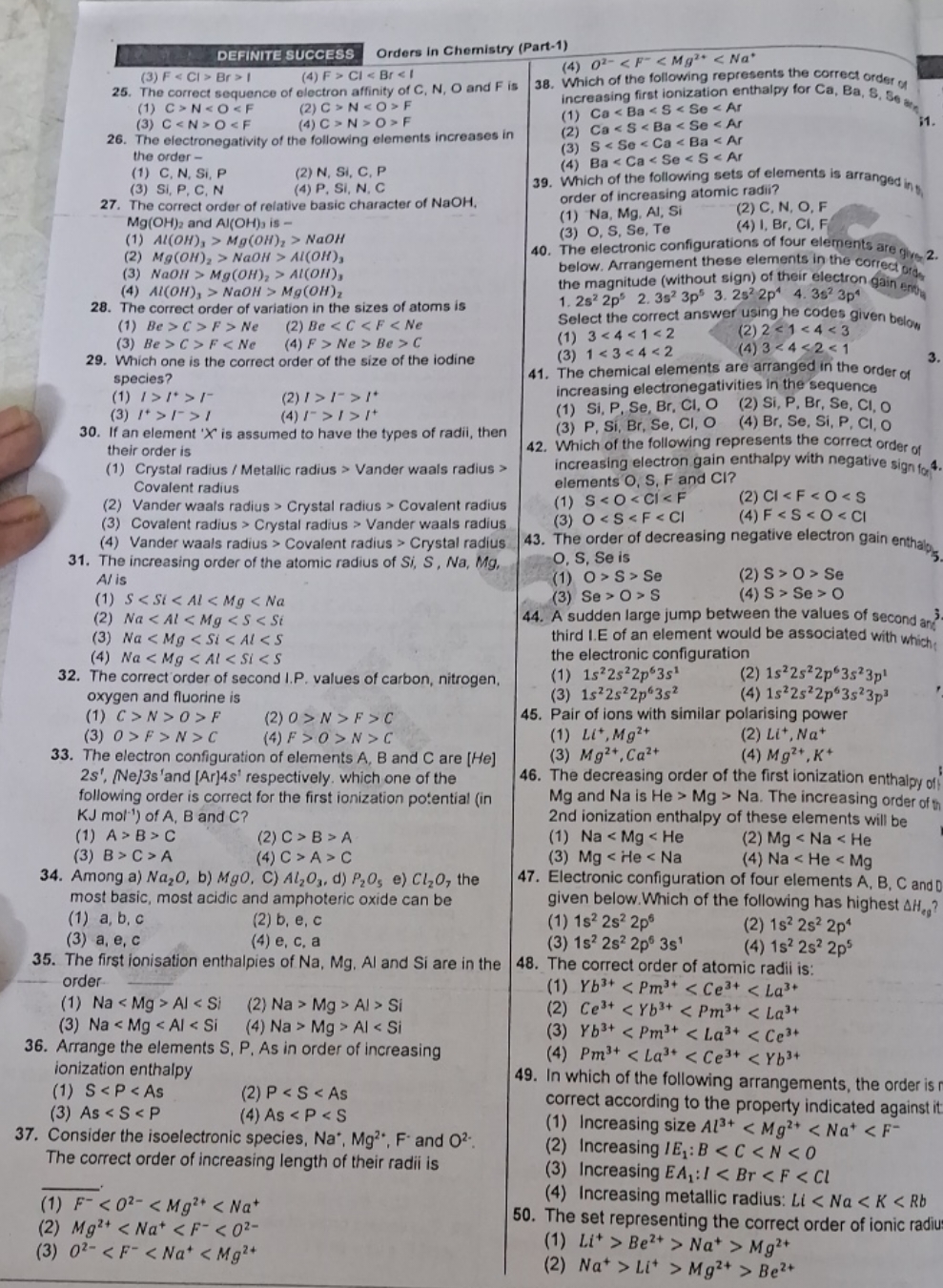 DEFINITE SUCCESS Orders in Chemistry (Part-1)
(3) F Br> 1
25. The corr