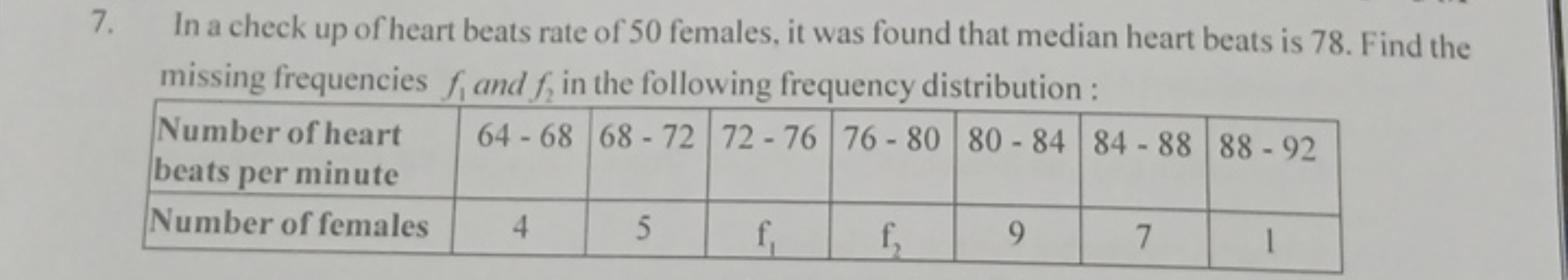 7. In a check up of heart beats rate of 50 females, it was found that 