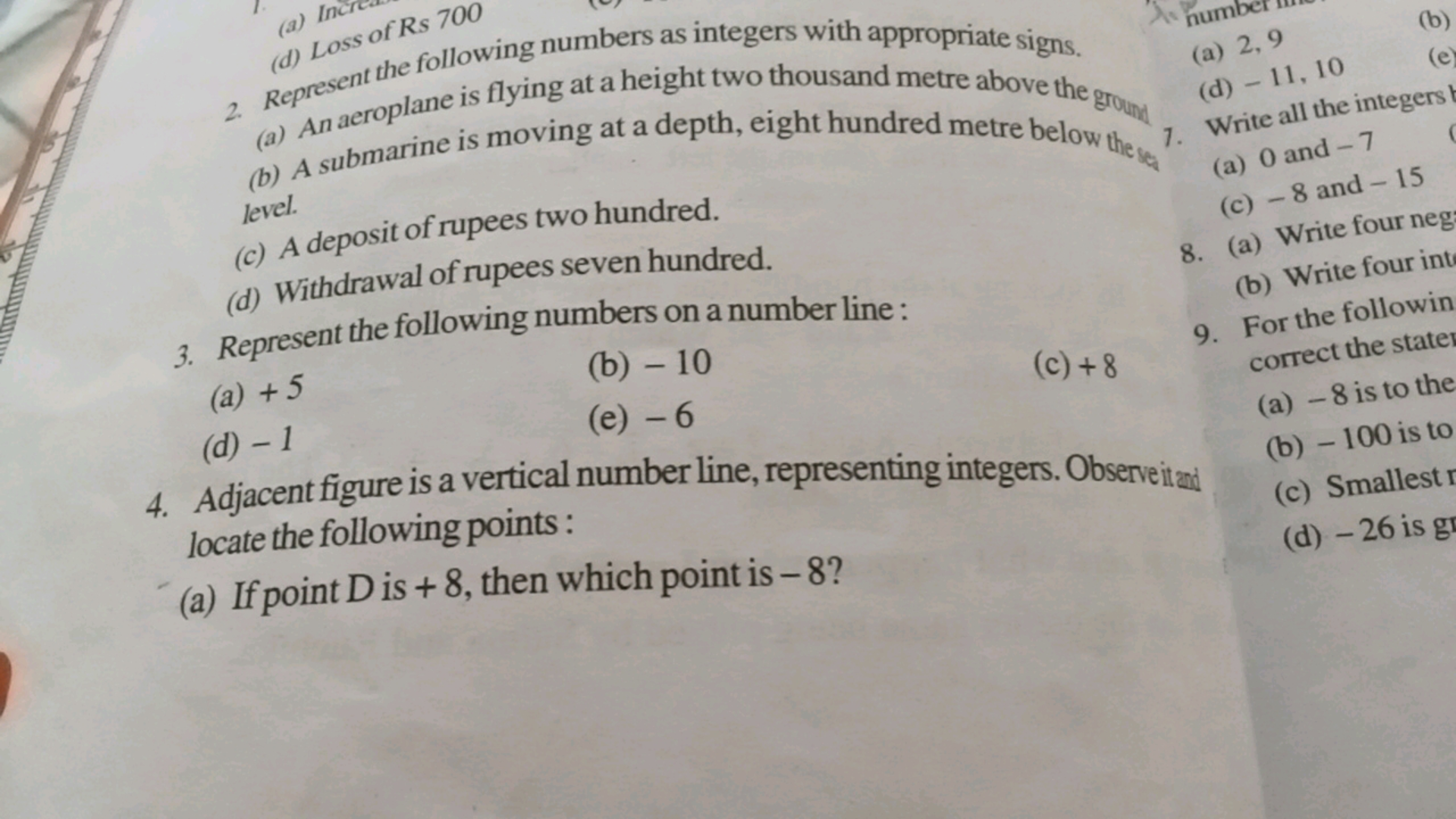 (d) Loss of Rs 700
2. Represent the following numbers as integers with