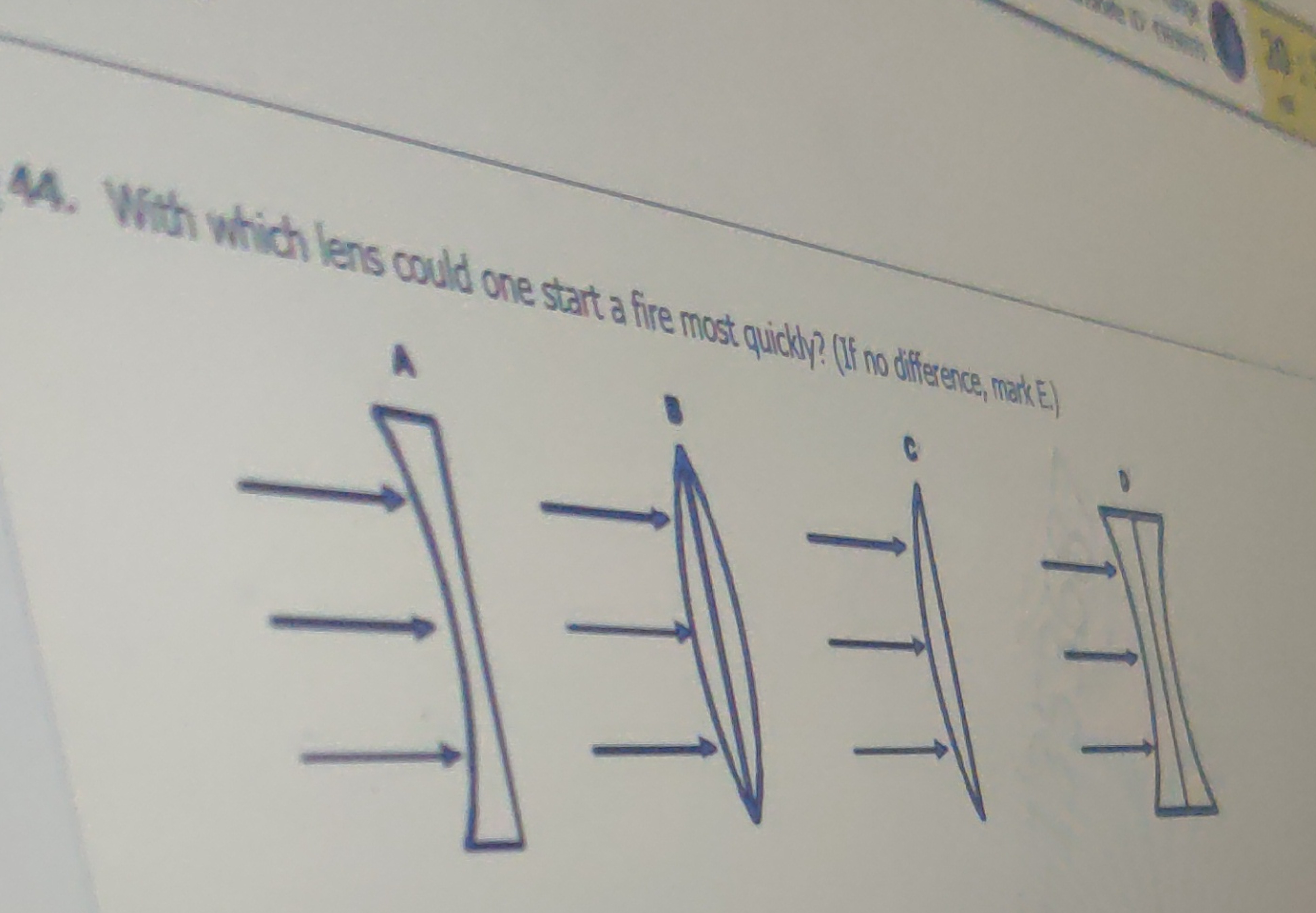 44. With which lens could one start a fire most quickly? (If no differ