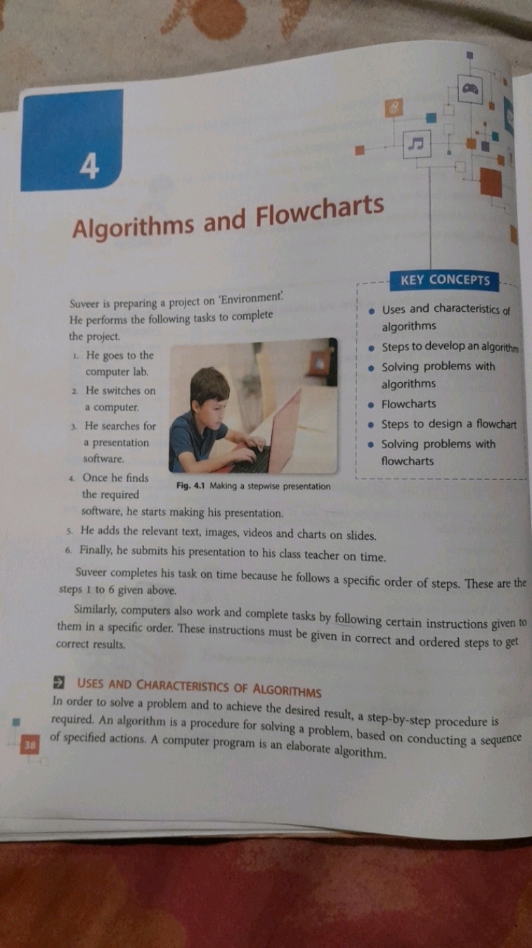 4
Algorithms and Flowcharts
Suveer is preparing a project on 'Environm