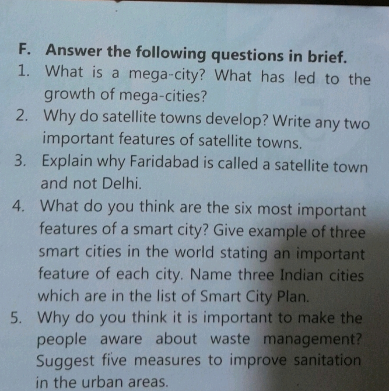 F. Answer the following questions in brief.
1. What is a mega-city? Wh