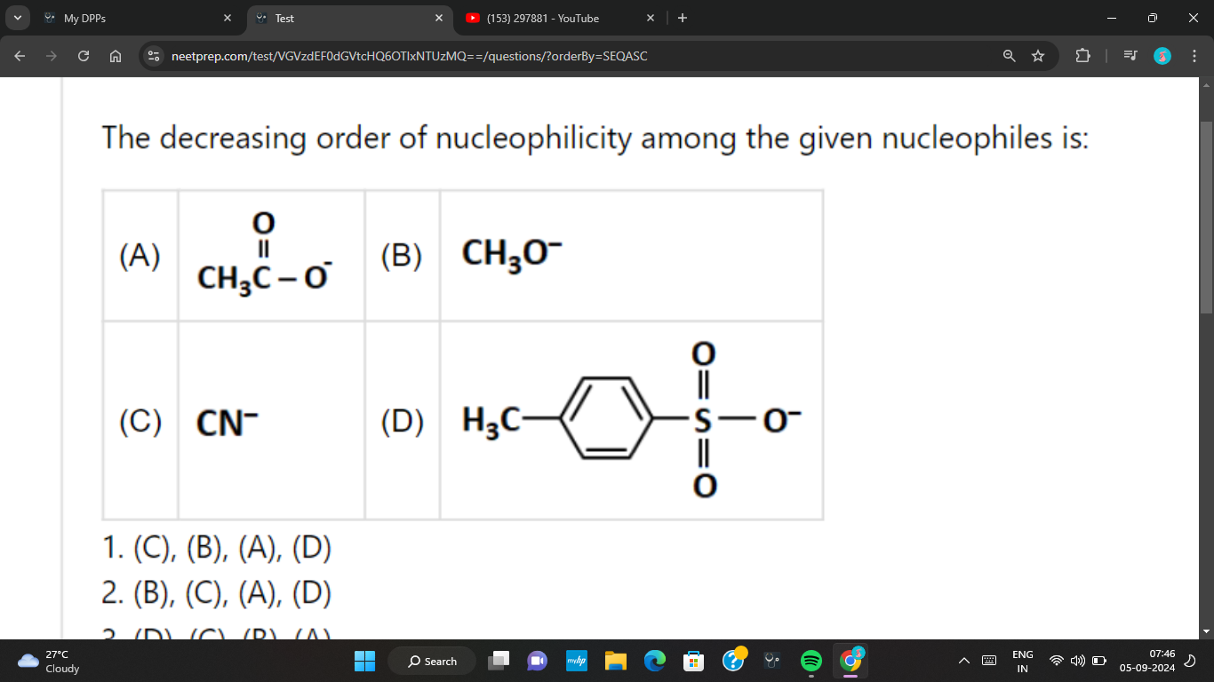 The decreasing order of nucleophilicity among the given nucleophiles i