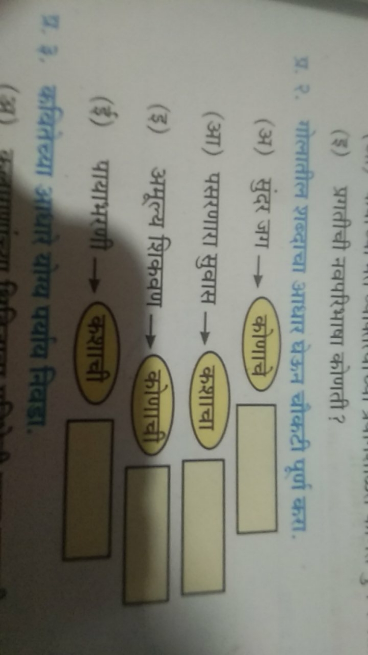 (इ) प्रगतीची नवपरिभाषा कोणती?
प्र. २. गोलातील शब्दाचा आधार घेऊन चौकटी 