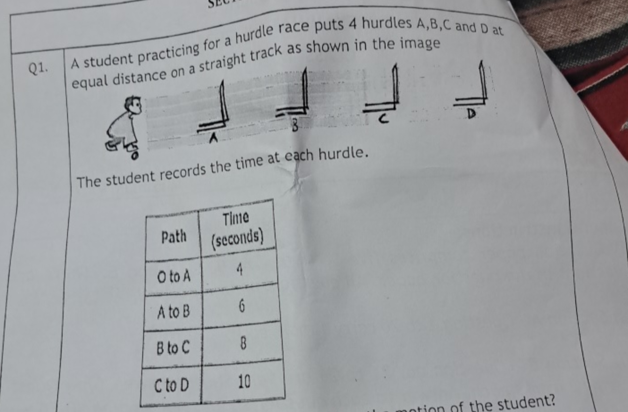 Q1. A student practicing for a hurdle race puts 4 hurdles A,B,C and D 