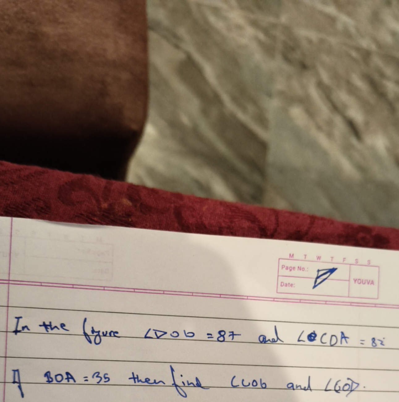 In the faure ∠DOb=87 and ∠CDA=82∘ If BOA=35 then find ∠ COb and ∠(10))