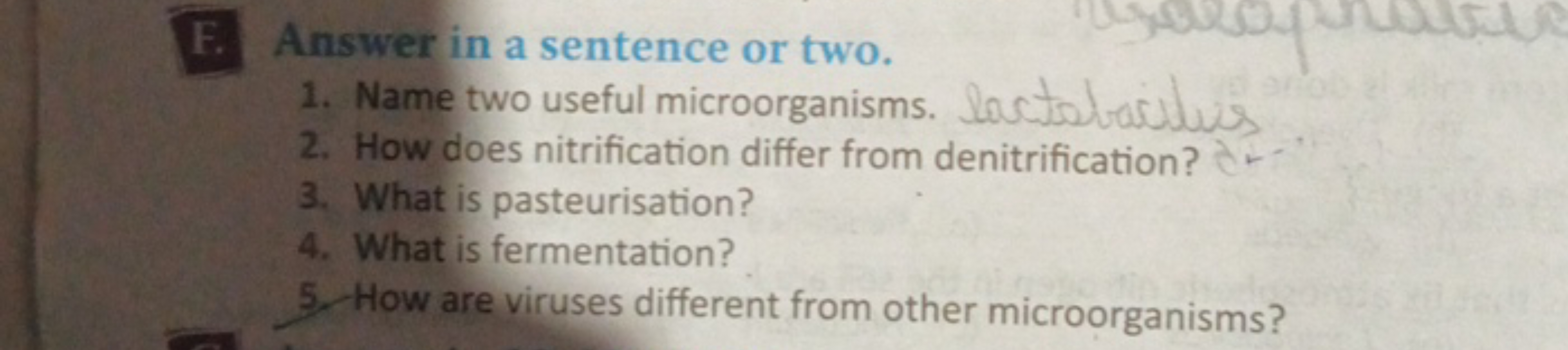 F. Answer in a sentence or two.
1. Name two useful microorganisms. lac