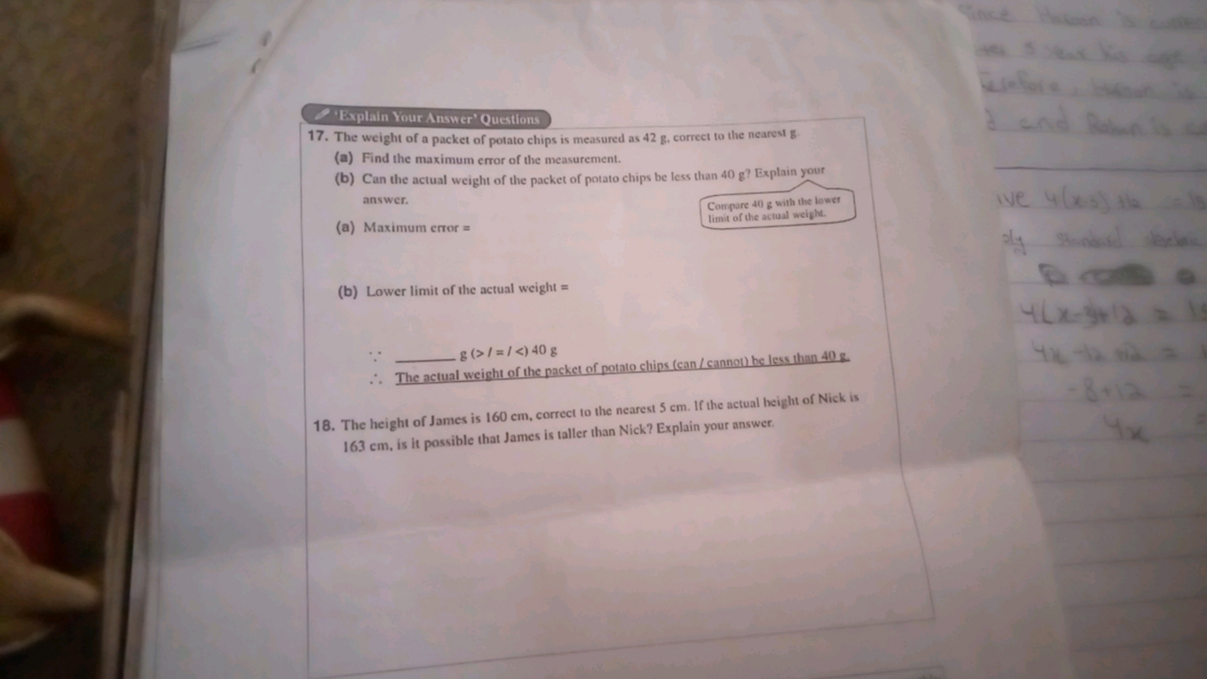 'Explain Your Answer' Questions
17. The weight of a packet of potato c