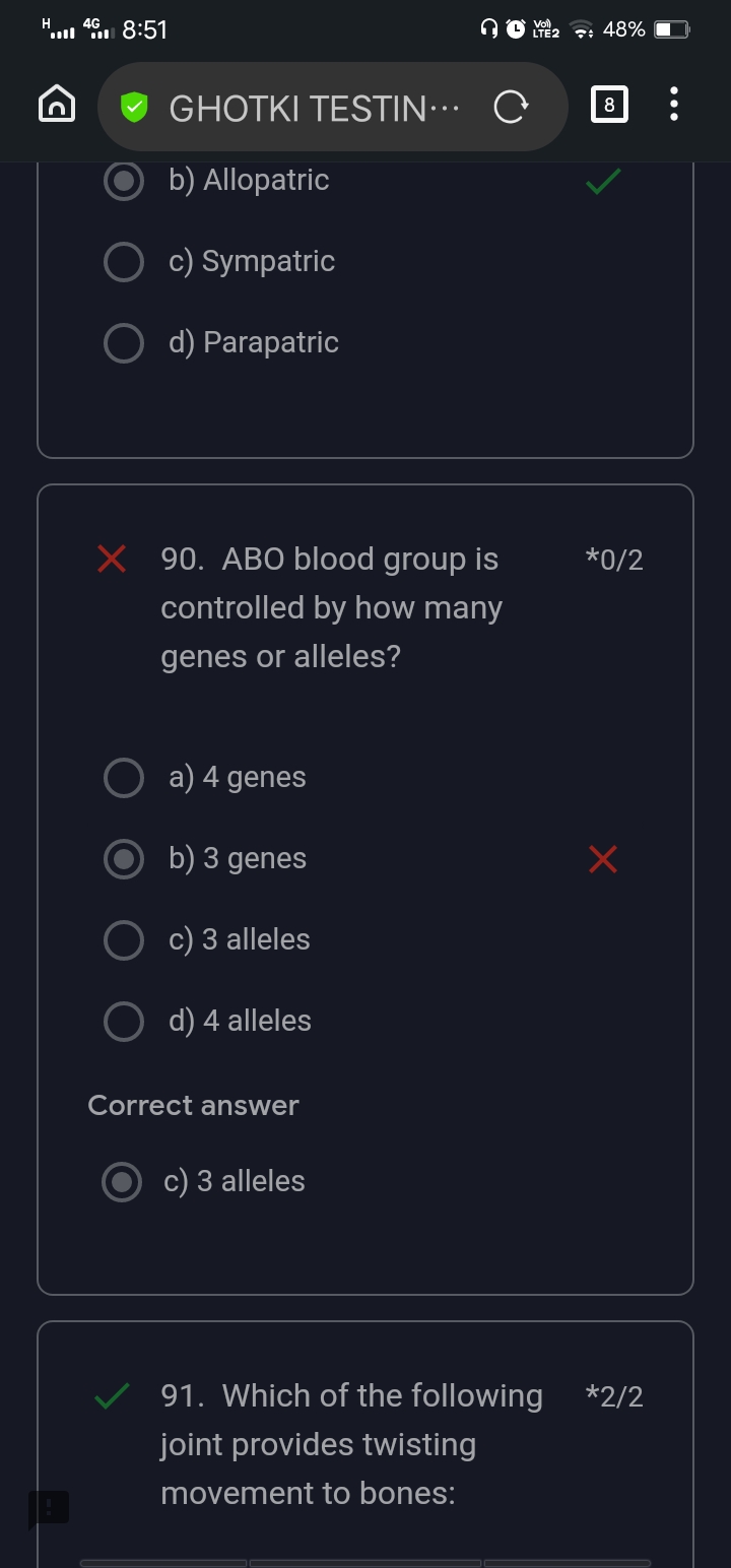 
()
囚
GHOTKI TESTIN
8
b) Allopatric
c) Sympatric
d) Parapatric
90. ABO