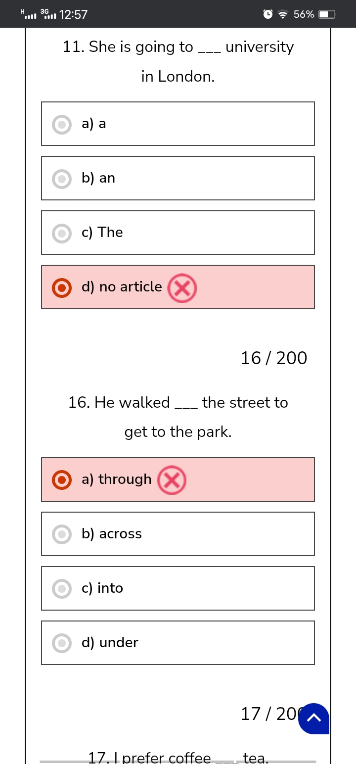 
12:57
나 856%
11. She is going to  university in London.
a) a
b) an
c)