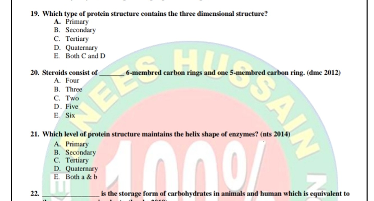 19. Which type of protein structure contains the three dimensional str