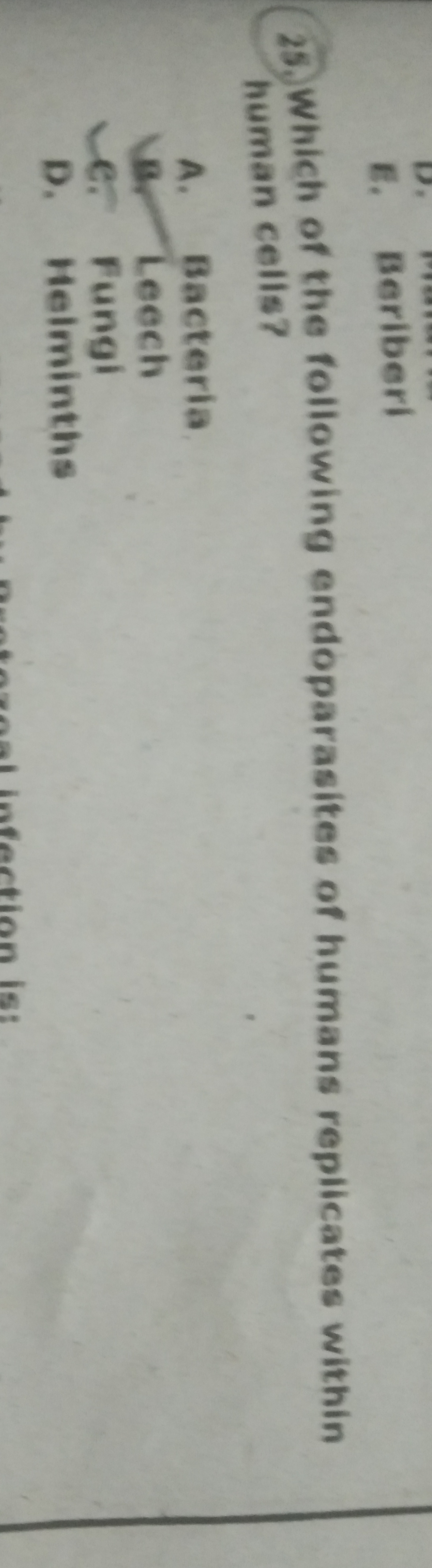 25. Which of the following endoparasites of humans replicates within h