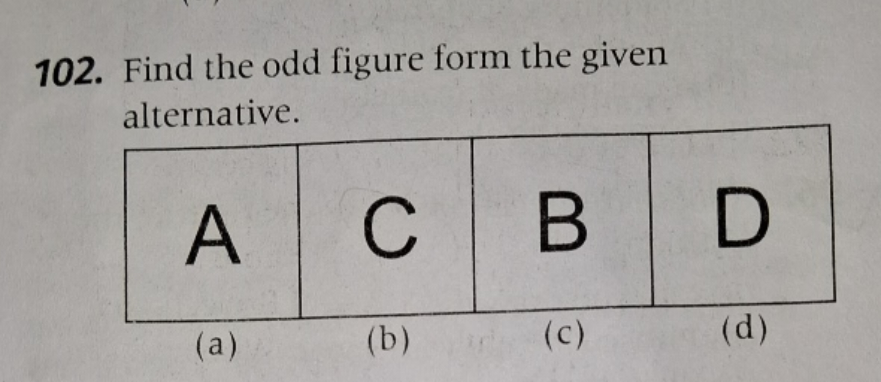 102. Find the odd figure form the given alternative.
\begin{tabular} {