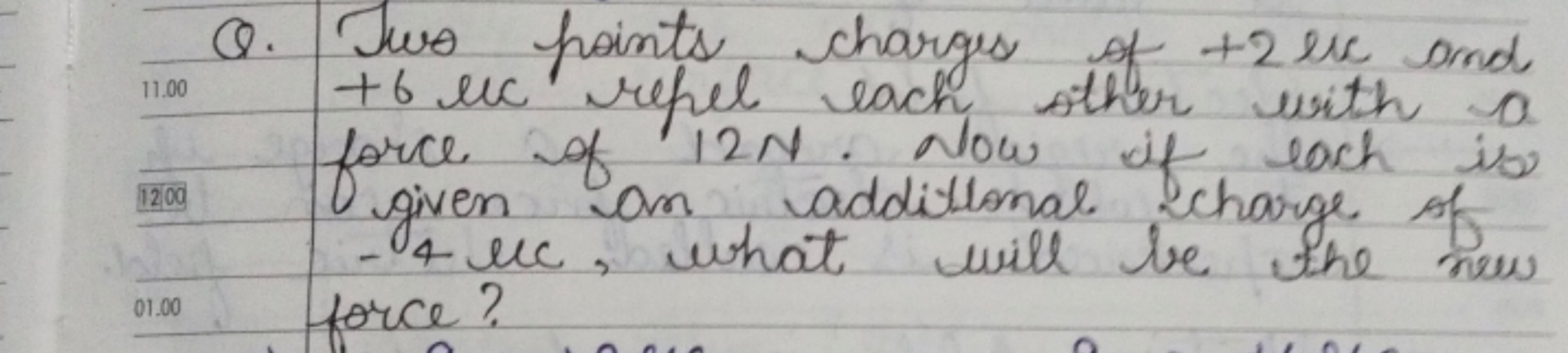 Q. Two points charges of + 2 ecc and + 6 enc repel each other with 0 f