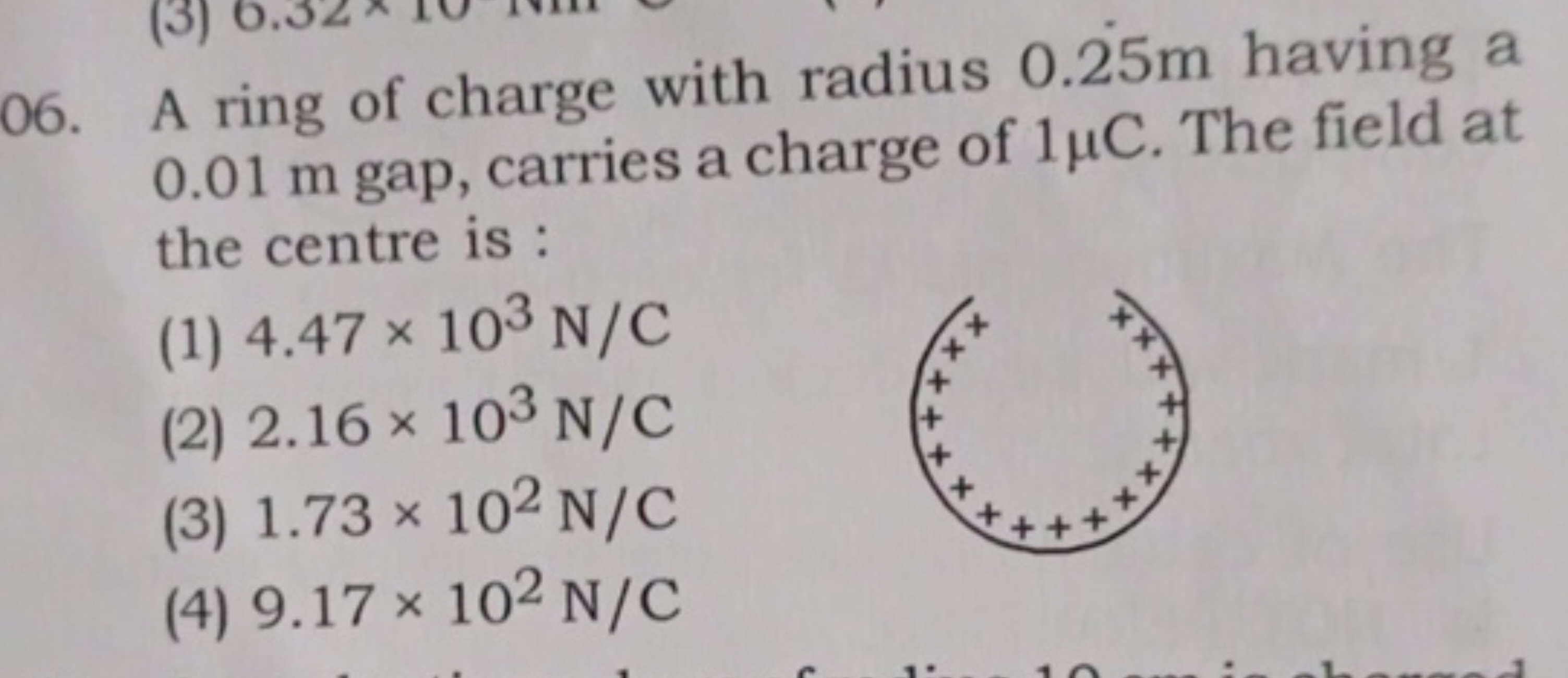 06. A ring of charge with radius 0.25 m having a 0.01 m gap, carries a