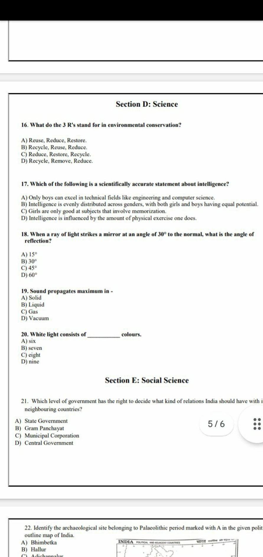 Section D: Science
16. What do the 3 R's stand for in environmental co