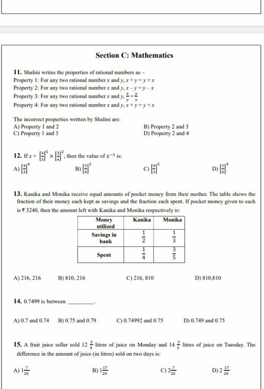 Section C: Mathematics
11. Shalini writes the properties of rational n