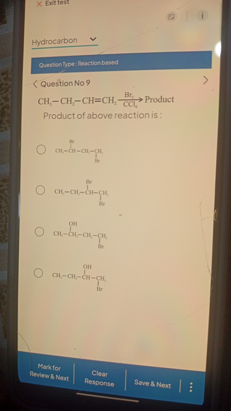 Exit test
Hydrocarbon

Question Type: Reaction based
Question No 9
\[
