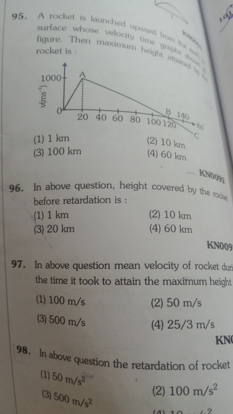 95. A rocket is launched upward fromn surface whose velocity time 8 Pr