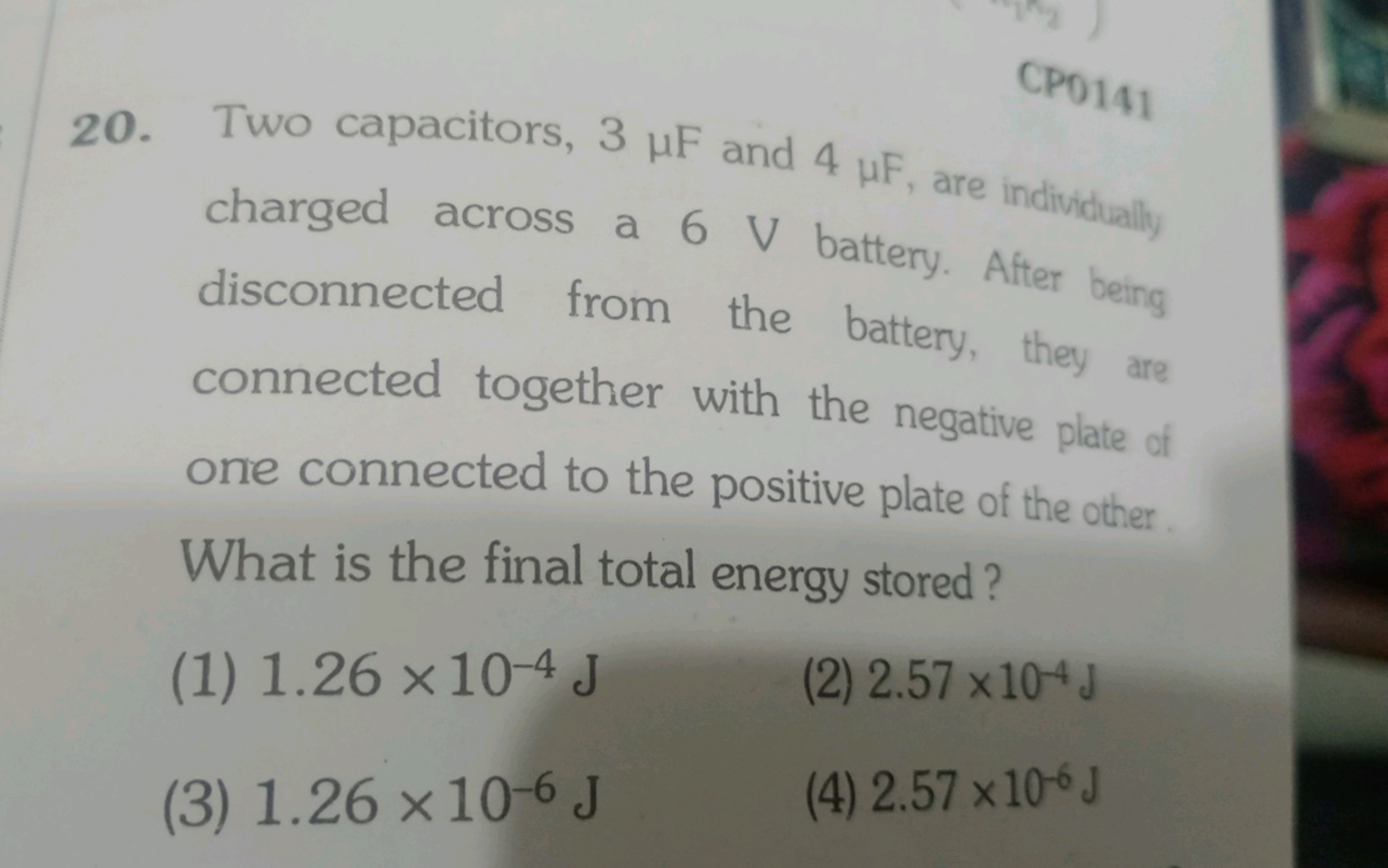 CPO14​
20. Two capacitors, 3μF and 4μF, are individallify charged acro