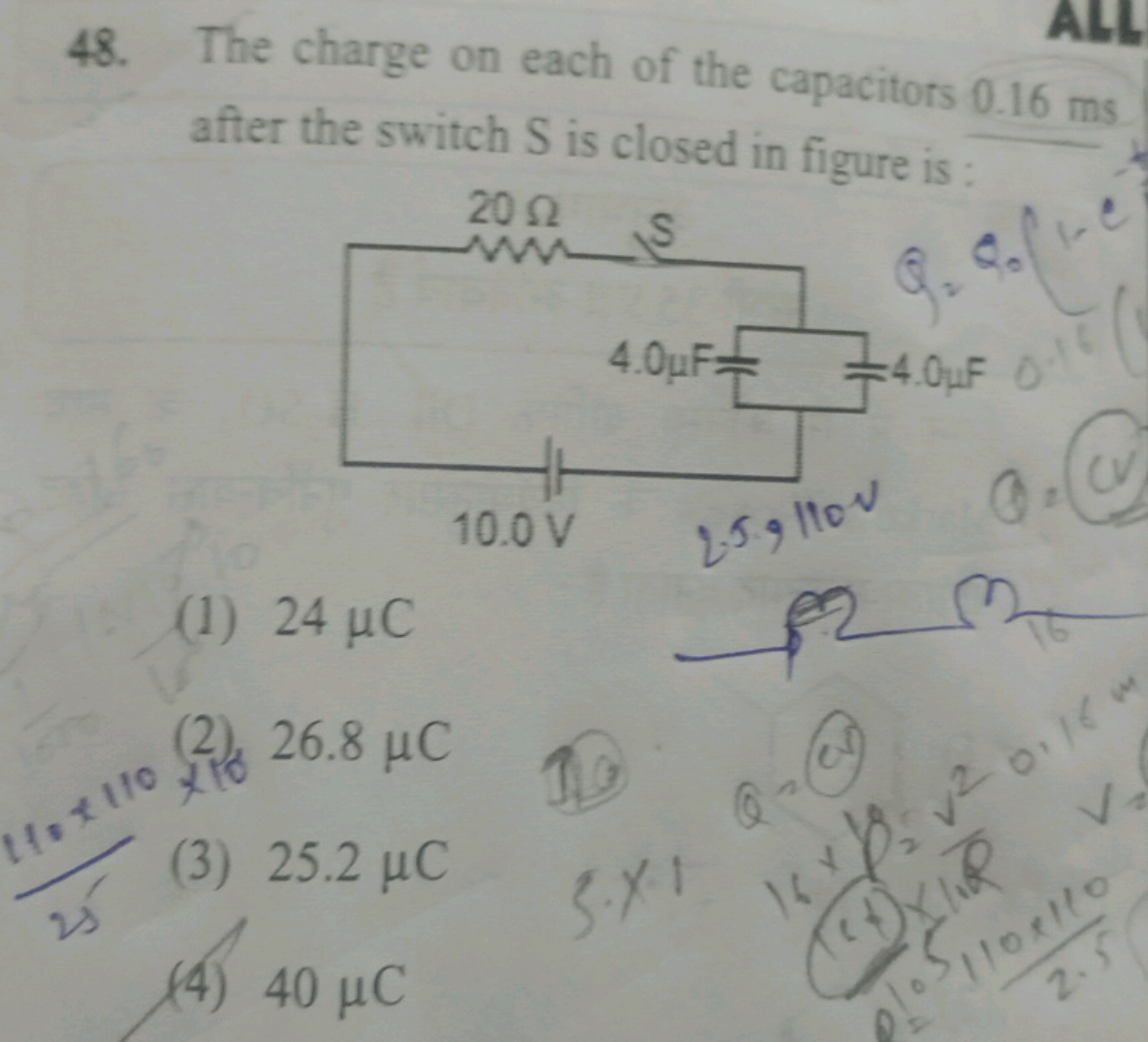 48. The charge on each of the capacitors 0.16 ms after the switch S is