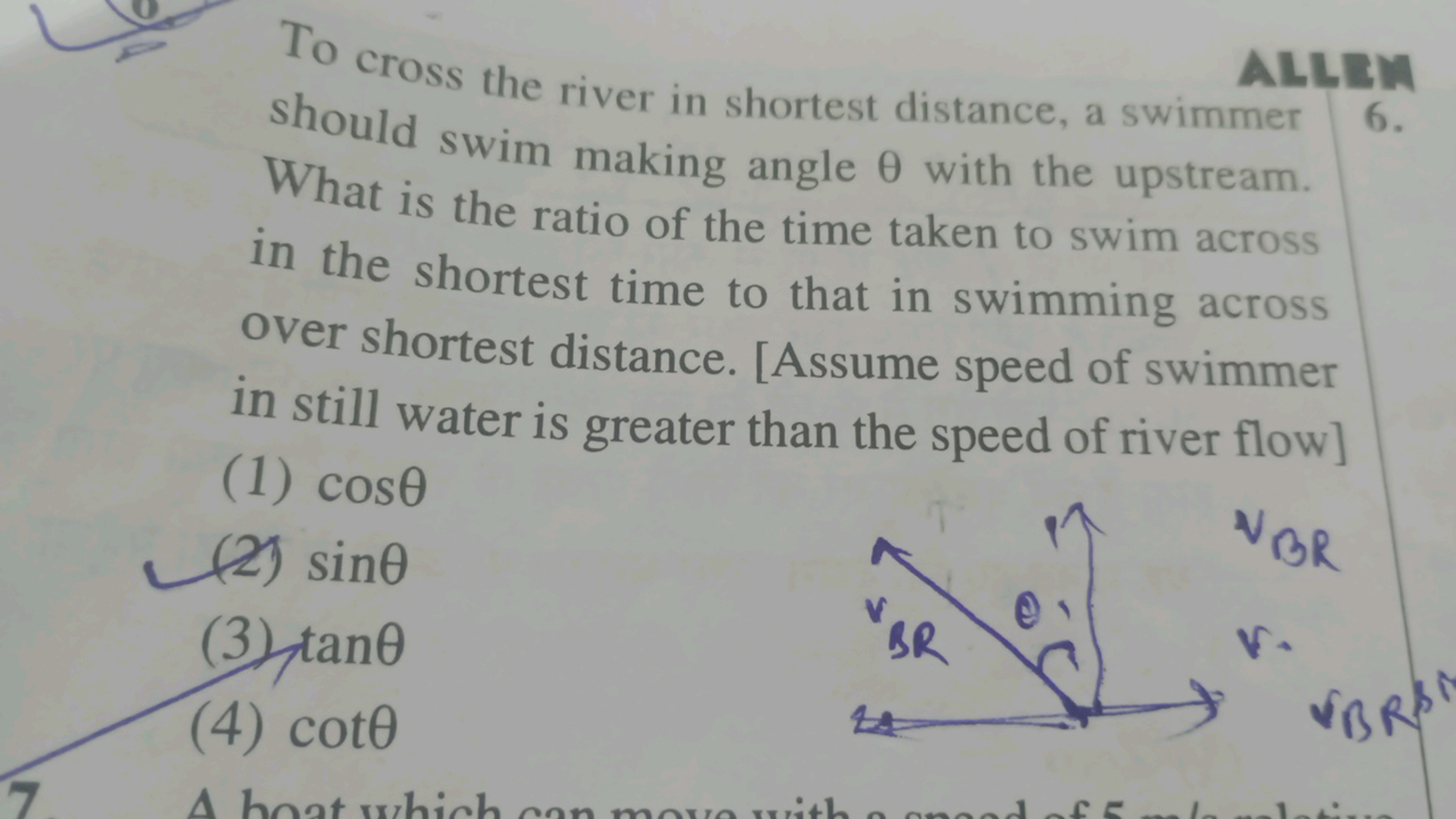 To cross the river in shortest distance, a swimmer should swim making 