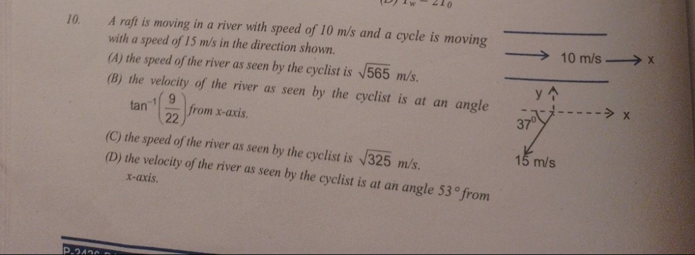 10. A raft is moving in a river with speed of 10 m/s and a cycle is mo