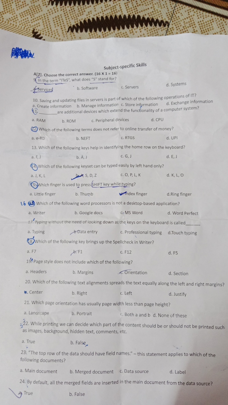 Subject-specific Skills
A[2]. Choose the correct answer. ( 16×1=16 )
9