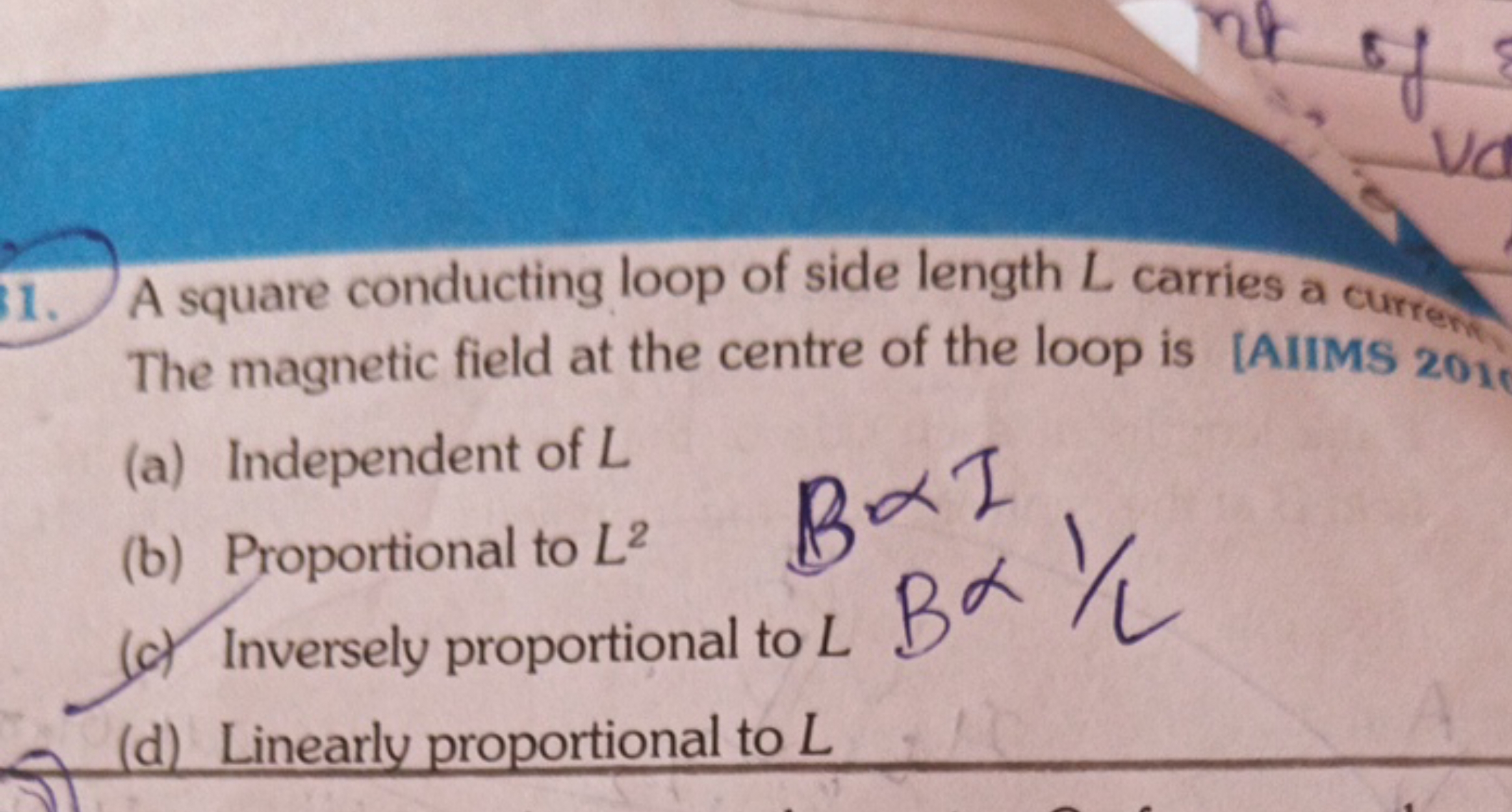 1. A square conducting loop of side length L carries a current The mag